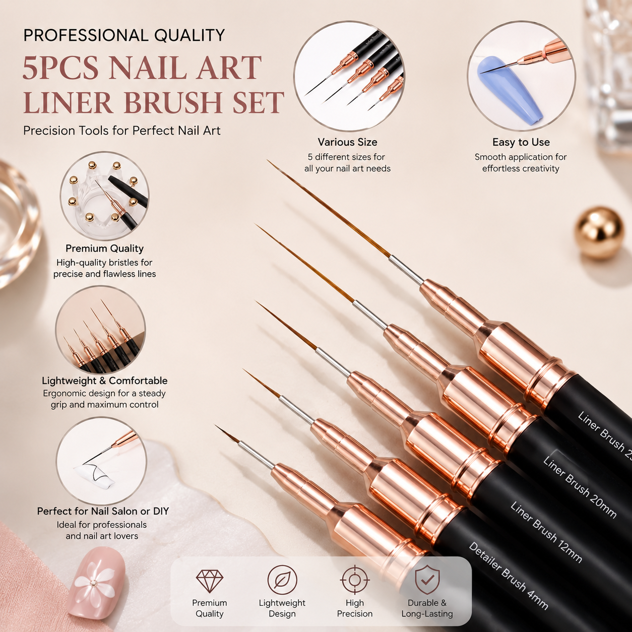 5pcs Professional Nail Art Liner Brush Set.