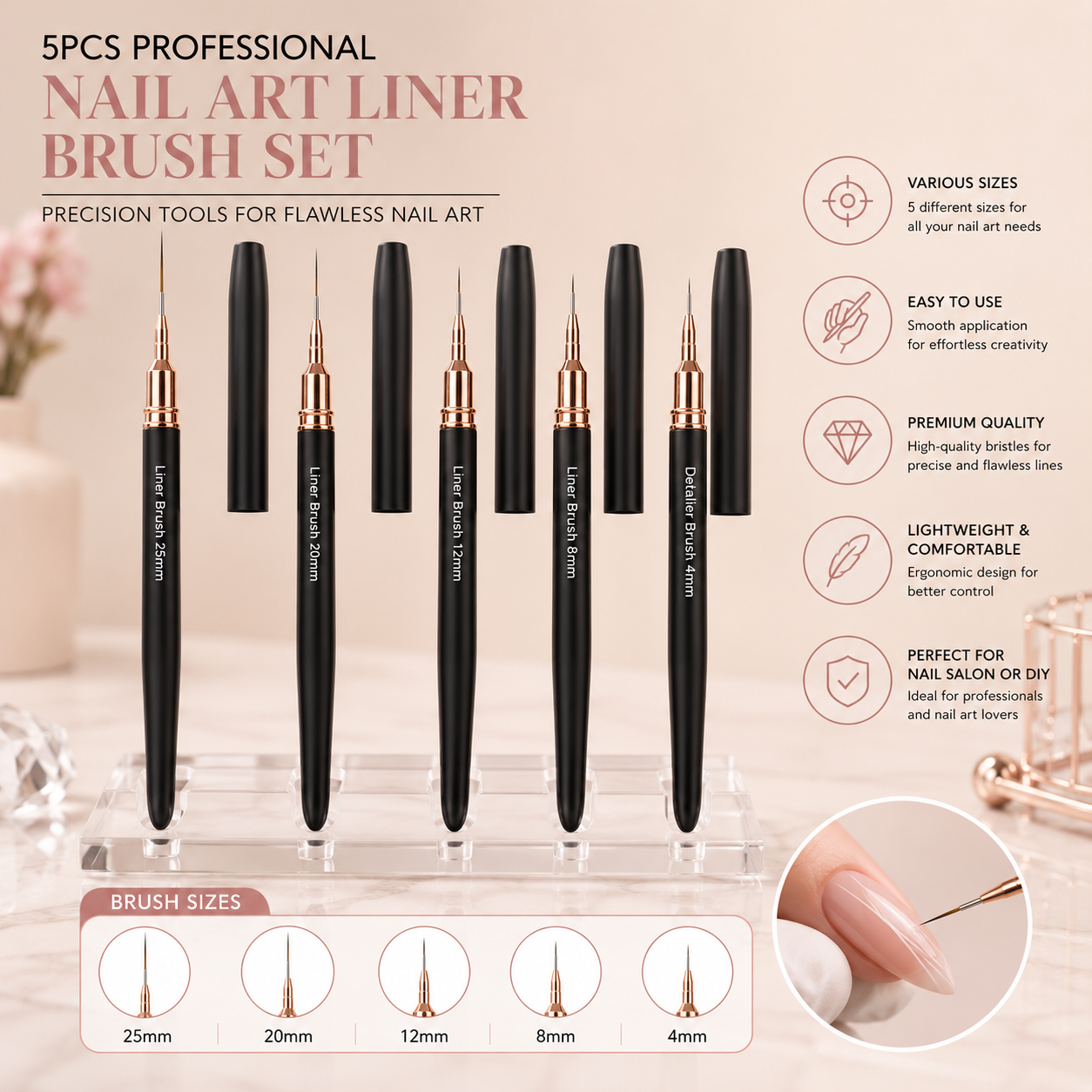 5pcs Professional Nail Art Liner Brush Set.