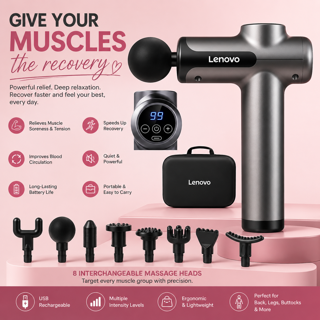 8 interchangeable massage heads